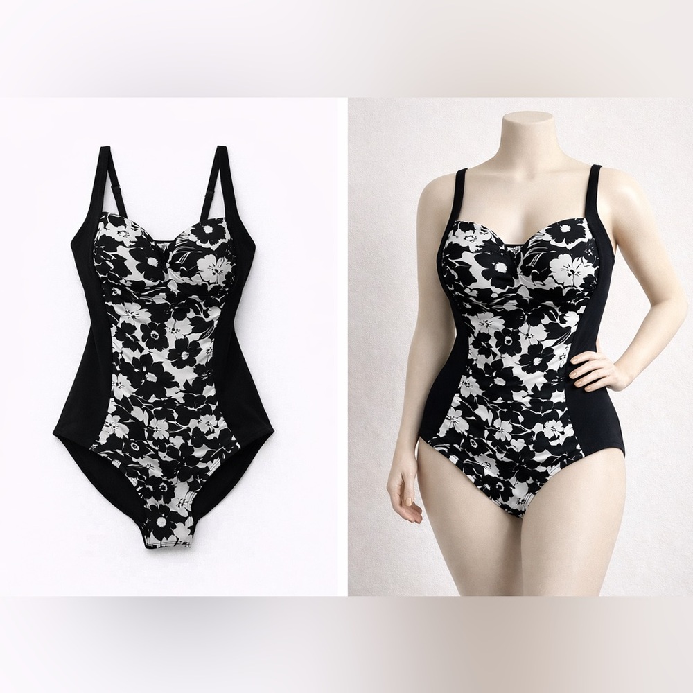 Romenza Targo Floral One Piece Swimsuit Black White Tummy Control Ruched Size M